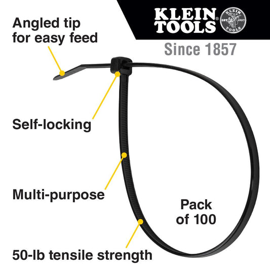 Klein Tools 450-210 Cable Ties, Zip Ties, 50-Pound Tensile Strength, 11.5-Inch, Black