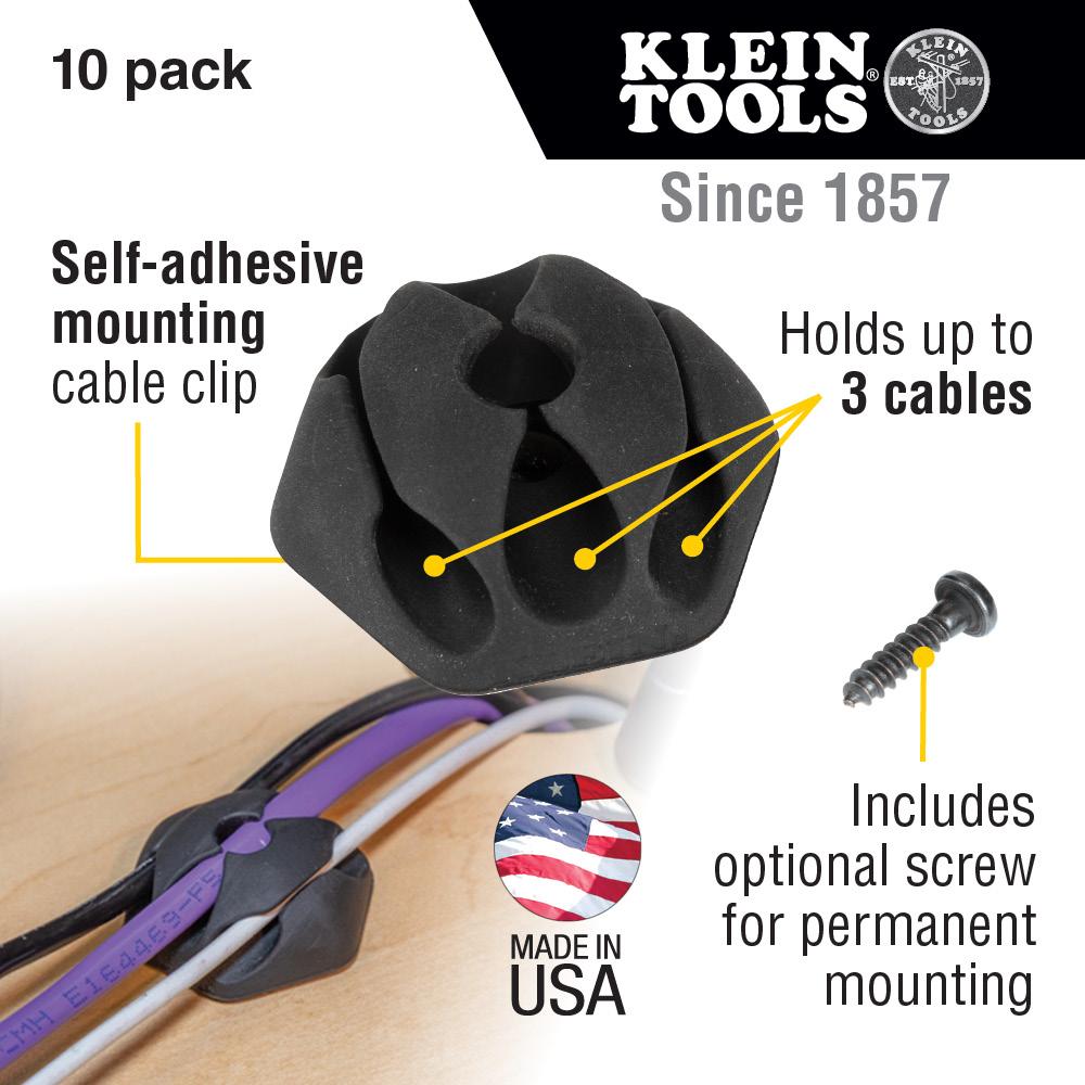 Klein Tools 450-410 Self-Adhesive Cable Mounting Clips, 3-Slot (10-Pack)