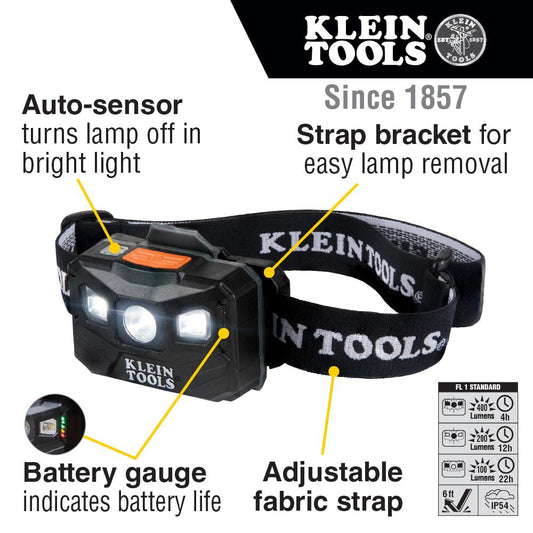 Klein Tools 56048 Rechargeable Headlamp With Fabric Strap, 400 Lumens, All-Day Runtime