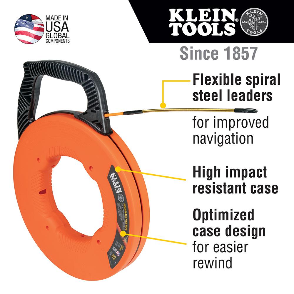 Klein Tools 56350 Fiberglass Fish Tape With Spiral Steel Leader, 50-Foot