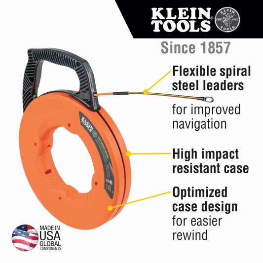 Klein Tools 56380 Multi-Groove Fiberglass Fish Tape With Spiral Steel Leader, 100-Foot