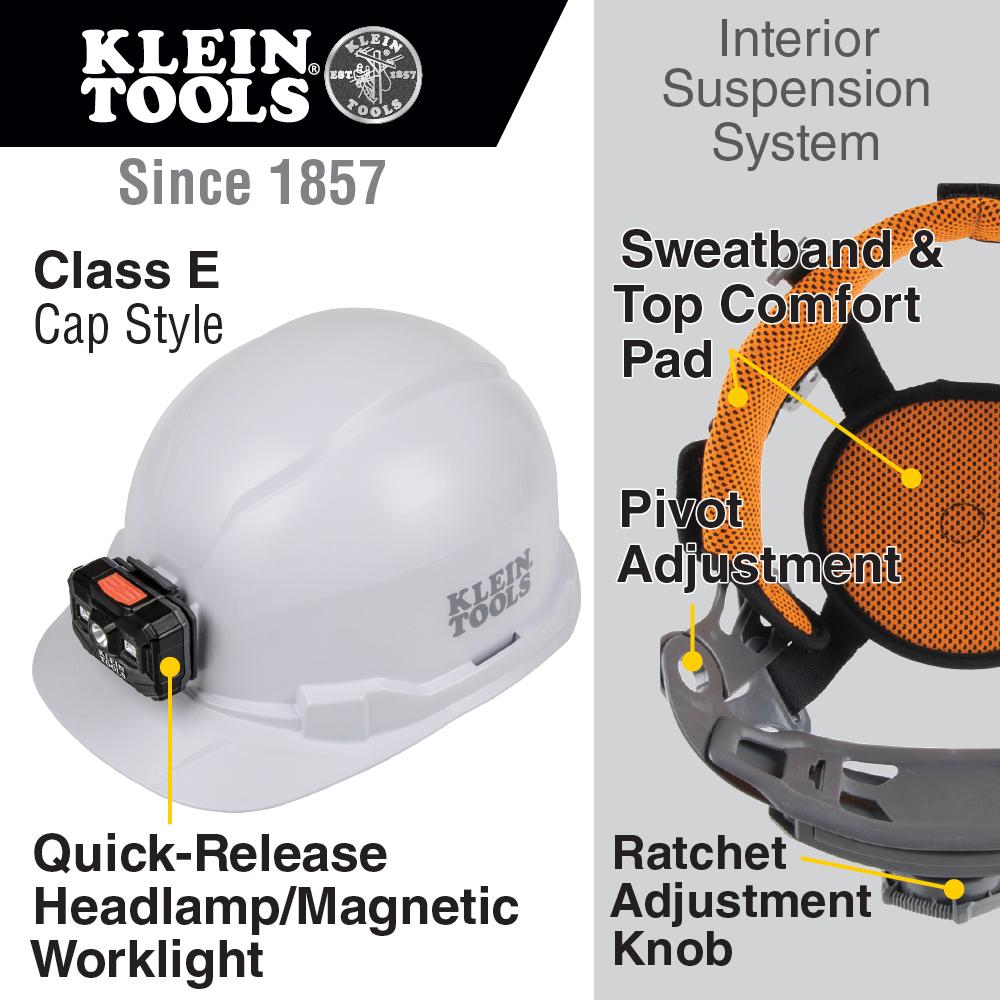 Klein Tools 60107RL Hard Hat, Non-Vented, Cap Style With Rechargeable Headlamp, White