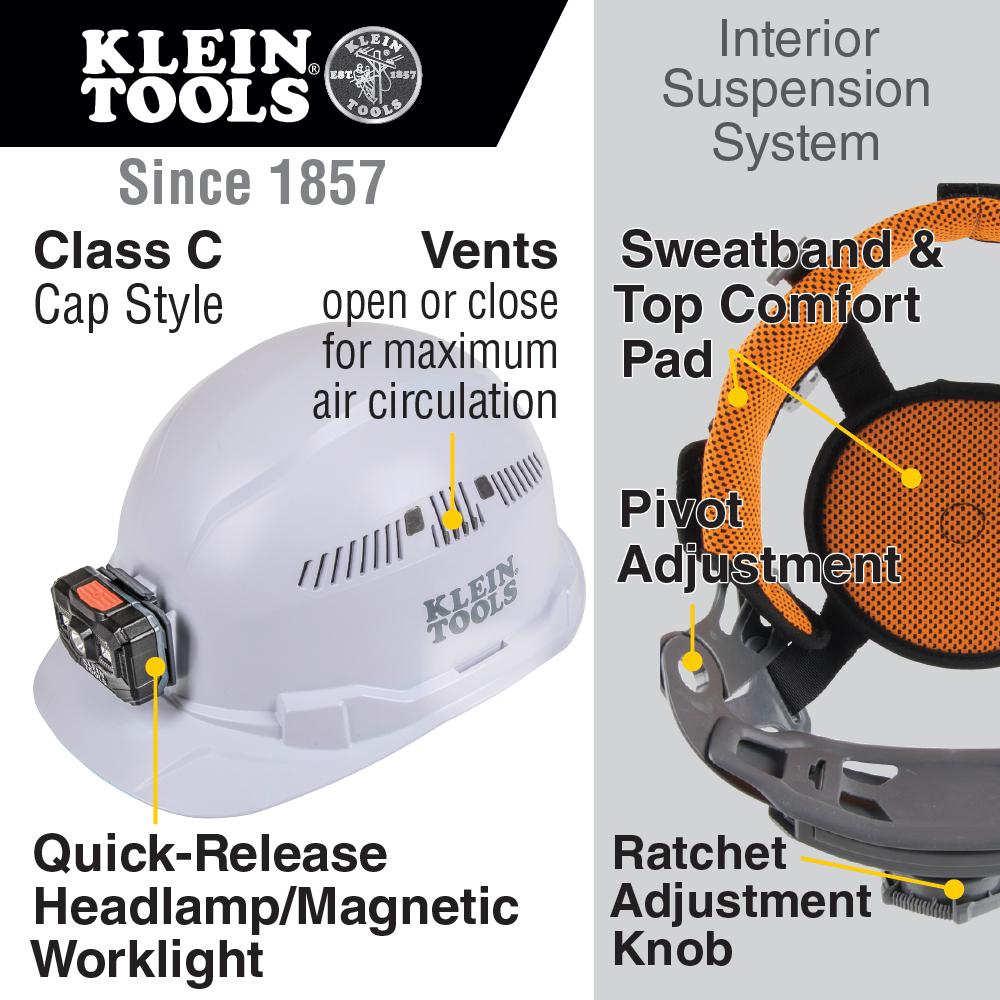 Klein Tools 60113RL Hard Hat, Vented, Cap Style With Rechargeable Headlamp, White