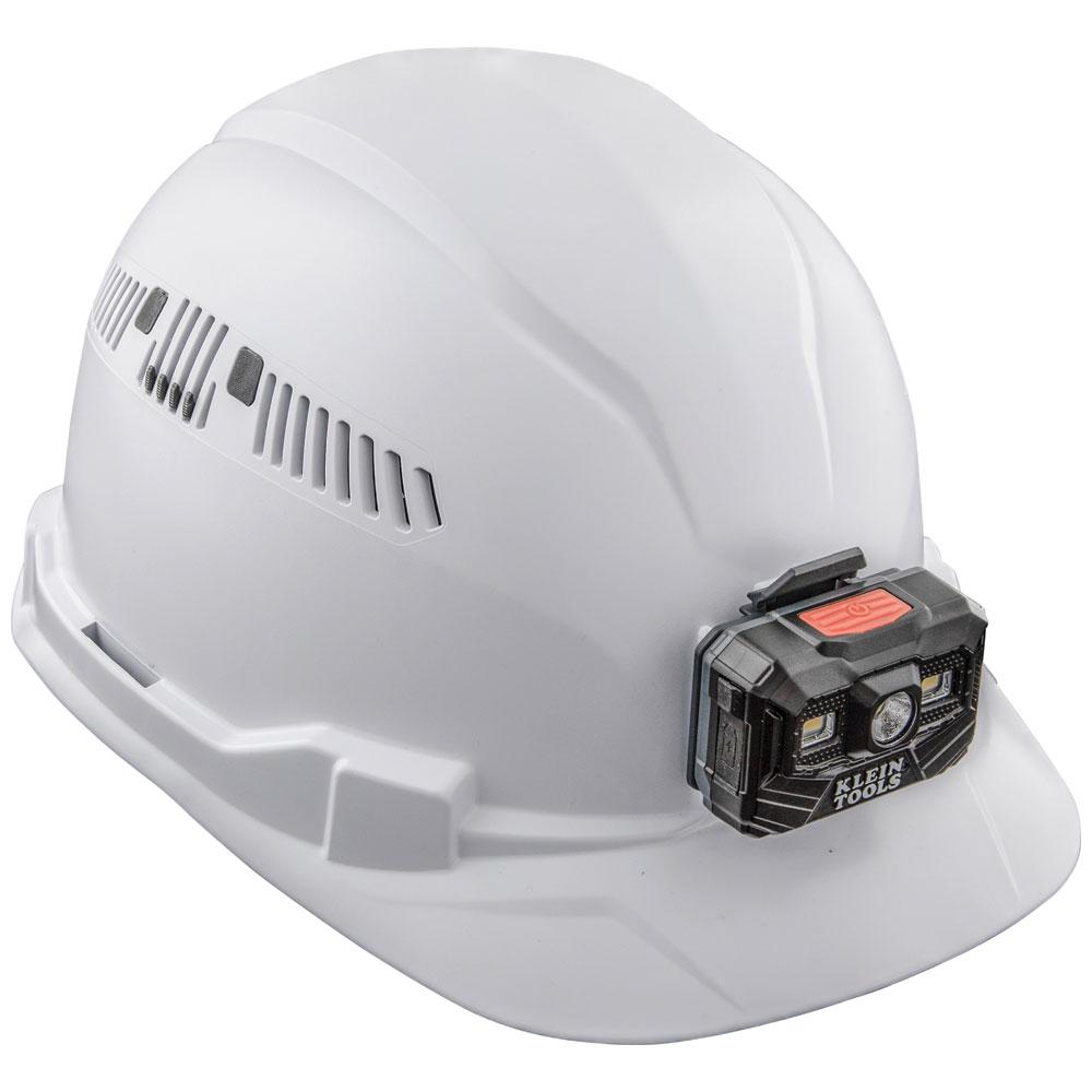 Klein Tools 60113RL Hard Hat, Vented, Cap Style With Rechargeable Headlamp, White