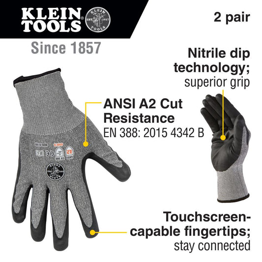 Klein Tools 60197 Work Gloves, Cut Level 2, Touchscreen, X-Large, 2-Pair