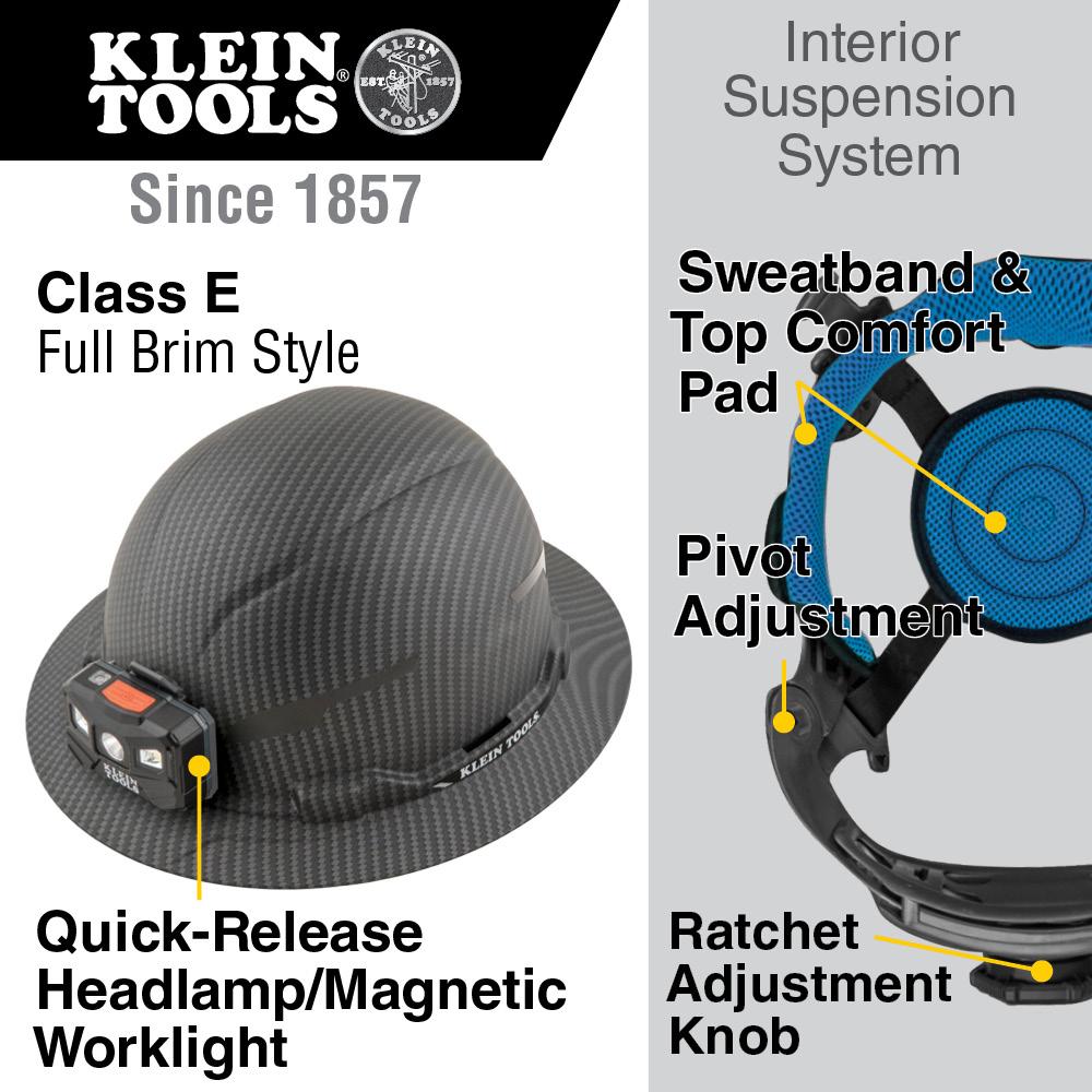 Klein Tools 60346 Hard Hat, Premium Karbn Pattern, Non-Vented Full Brim, Class E, Lamp