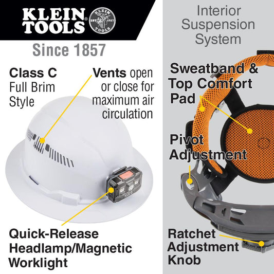 Klein Tools 60407RL Hard Hat, Vented, Full Brim With Rechargeable Headlamp, White