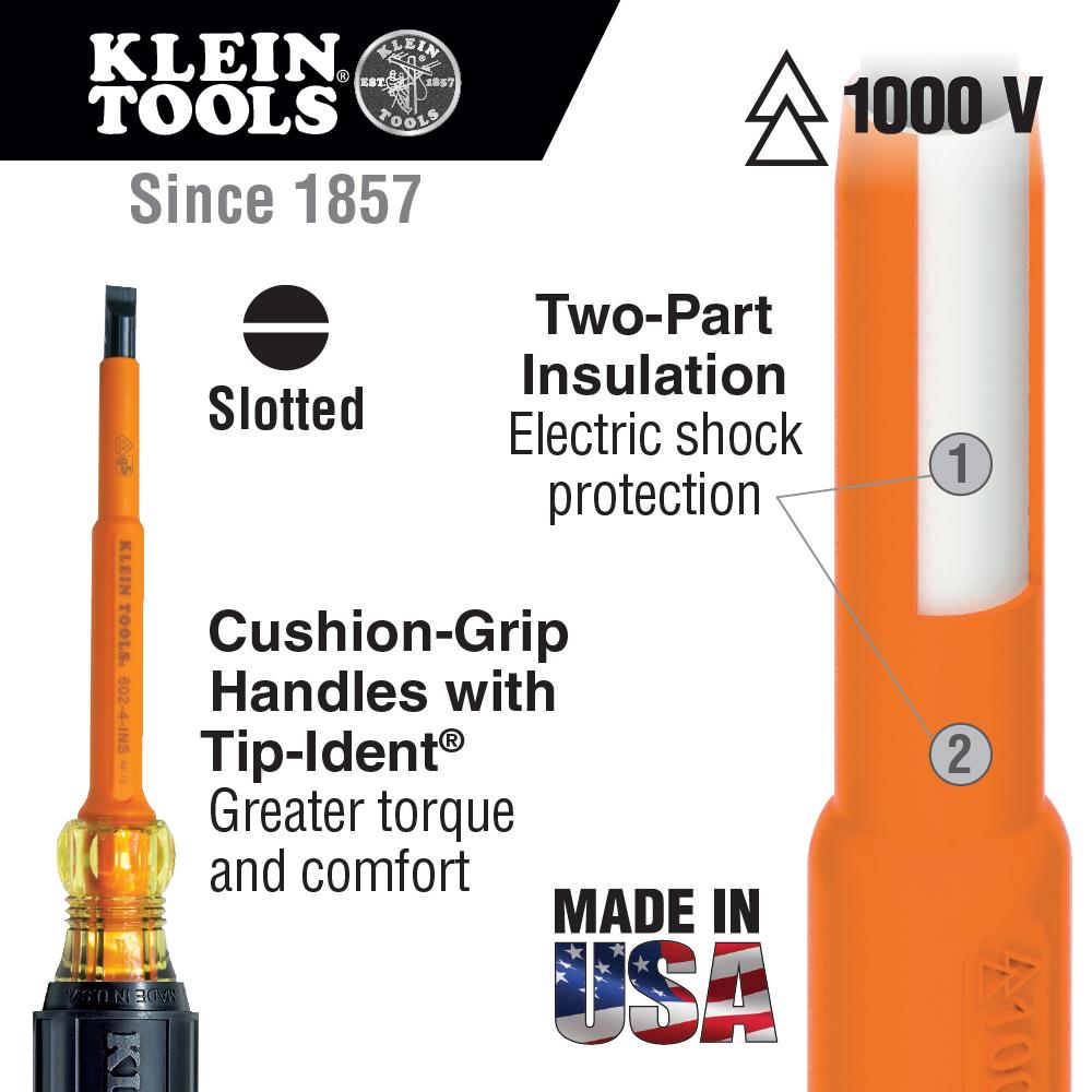 Klein Tools 605-7-INS Insulated 1/4-Inch Cabinet Tip Screwdriver, 7-Inch