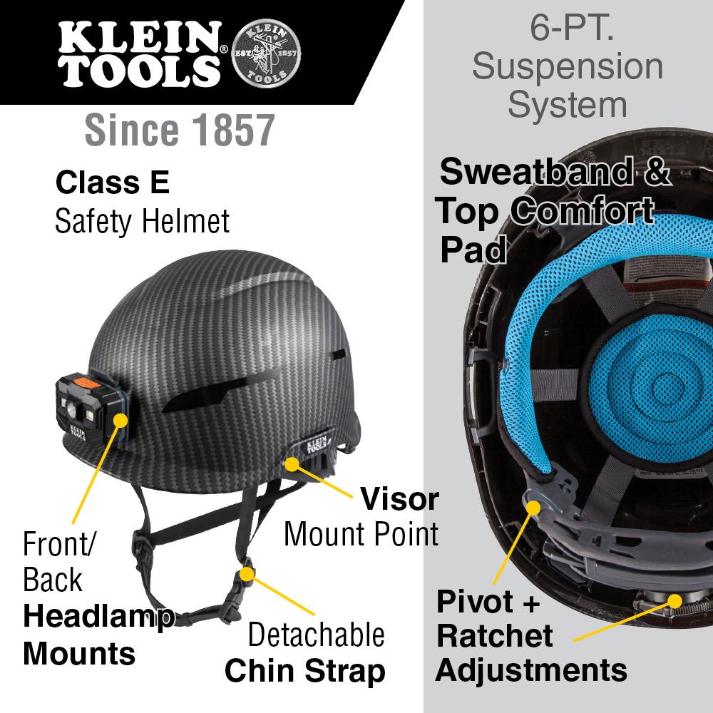 Klein Tools 60515 Safety Helmet, Premium Karbn Pattern, Non-Vented, Class E, Headlamp