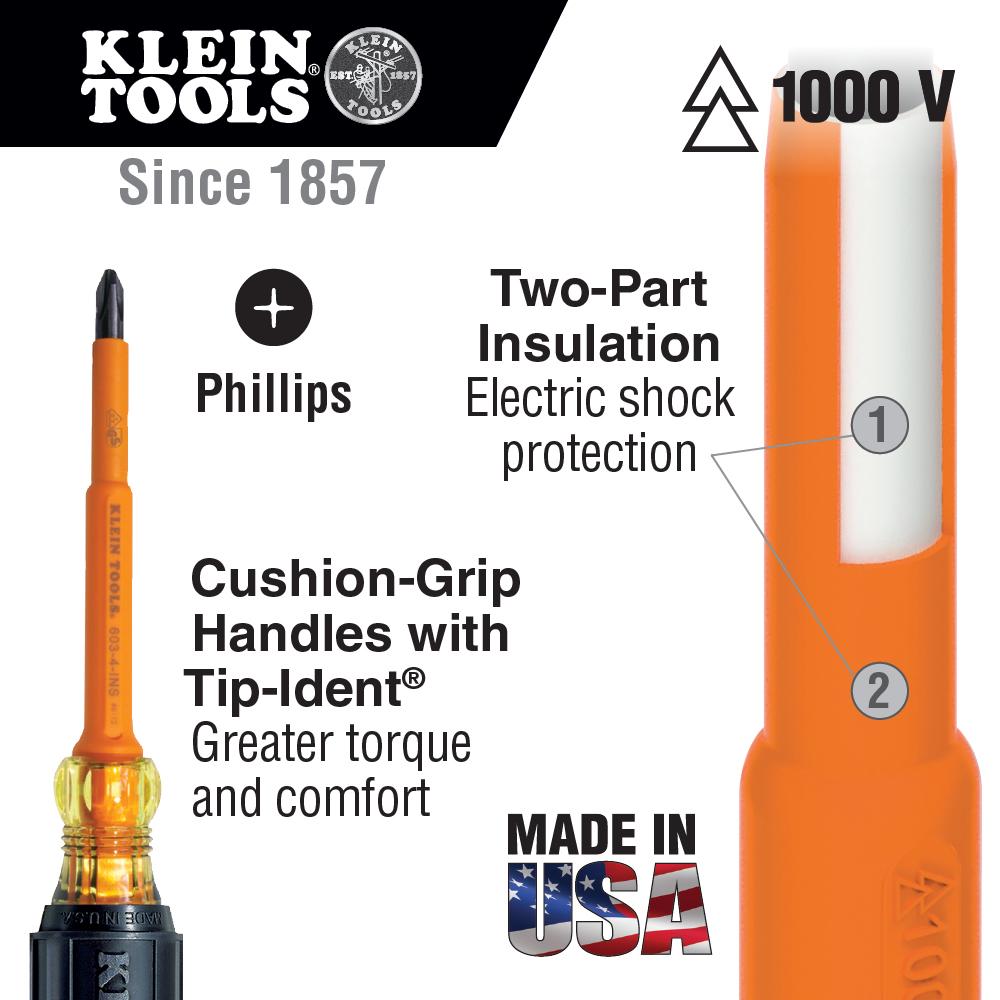 Klein Tools 6334INS Insulated Screwdriver, #1 Phillips Tip, 4-Inch