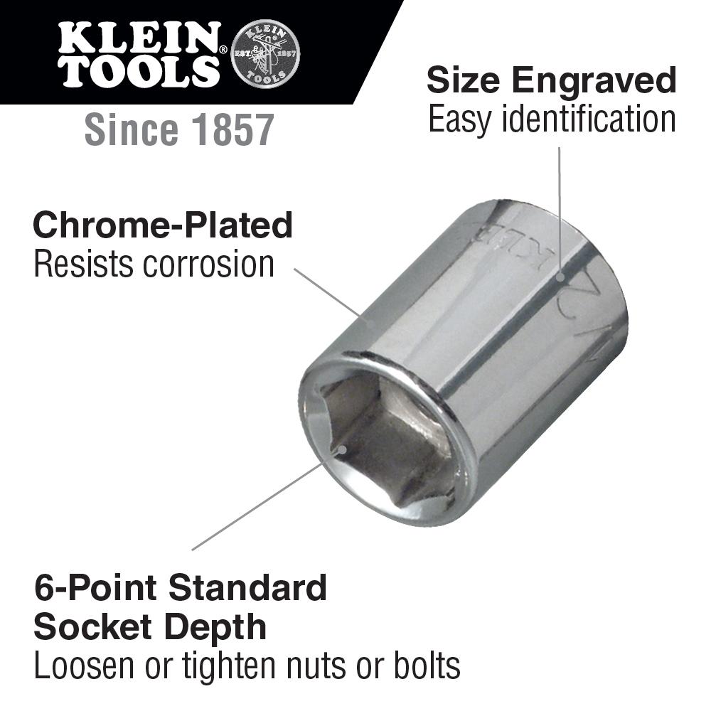 Klein Tools 65702 1/2-Inch Standard 6-Point Socket, 3/8-Inch Drive