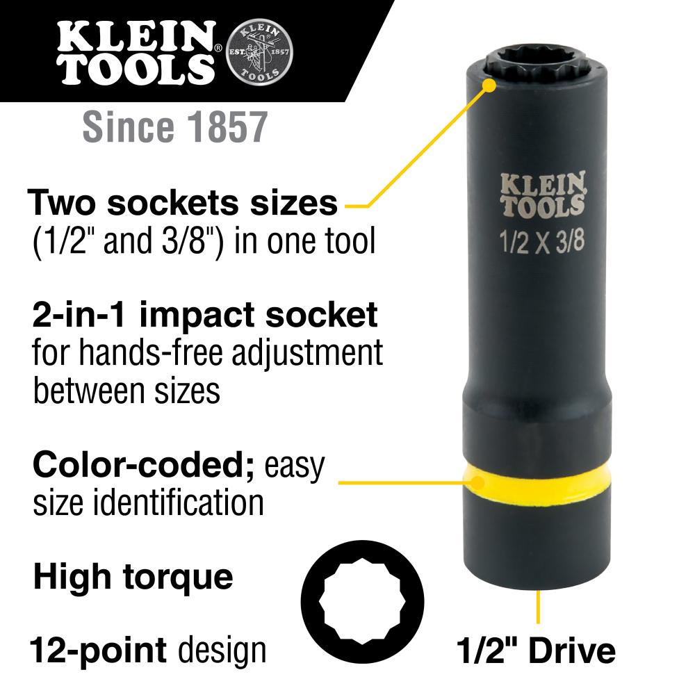 Klein Tools 66011 2-In-1 Impact Socket, 12-Point, 1/2 And 3/8-Inch