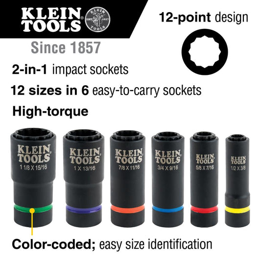 Klein Tools 66016 2-In-1 Impact Socket, 12-Point, 1-1/8 And 15/16-Inch