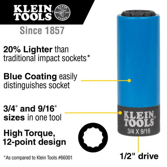 Klein Tools 66030 2-In-1 Coated Impact Socket, 12-Point, 3/4 And 9/16-Inch