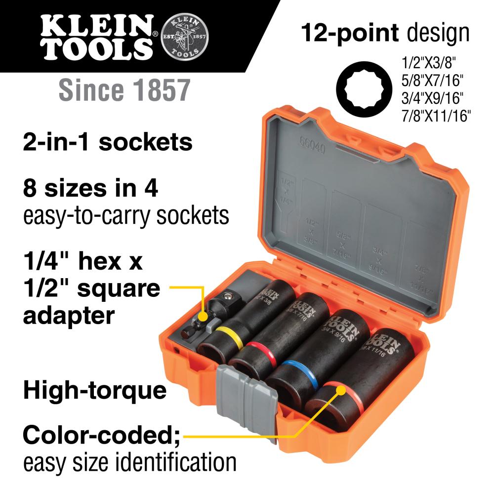 Klein Tools 66040 2-In-1 Impact Socket Set, 12-Point, 5-Piece