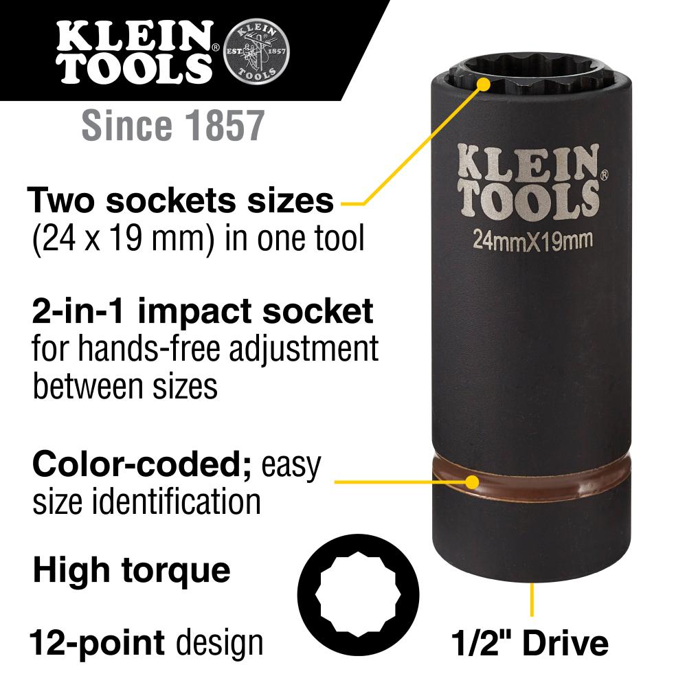 Klein Tools 66052E 2-In-1 Metric Impact Socket, 12-Point, 24 X 19 Mm