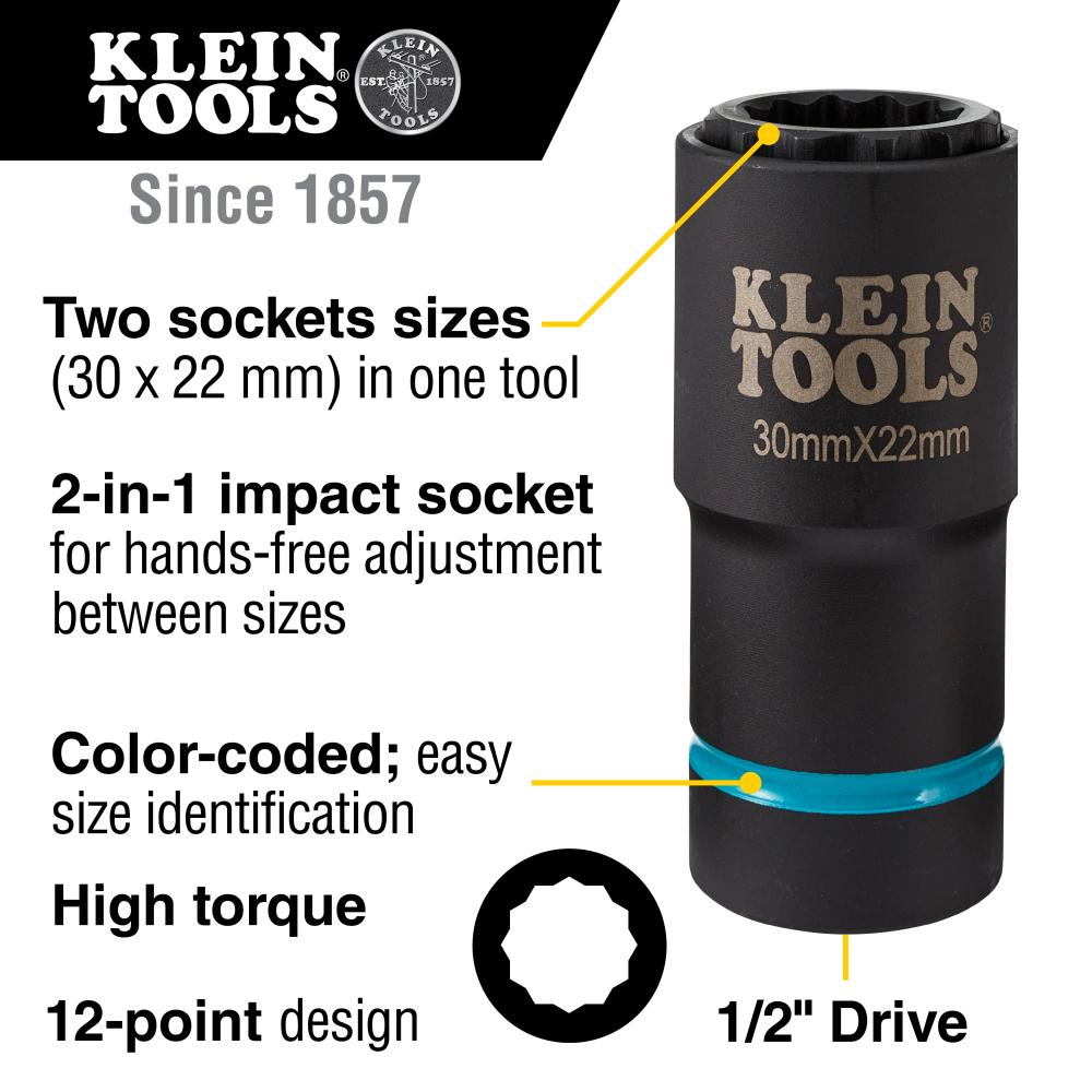 Klein Tools 66053E 2-In-1 Metric Impact Socket, 12-Point, 30 X 22 Mm