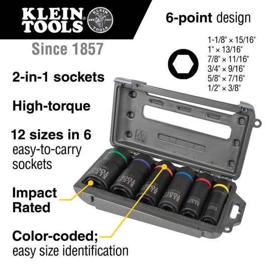 Klein Tools 66060 2-In-1 Impact Socket Set, 6-Point, 6-Piece