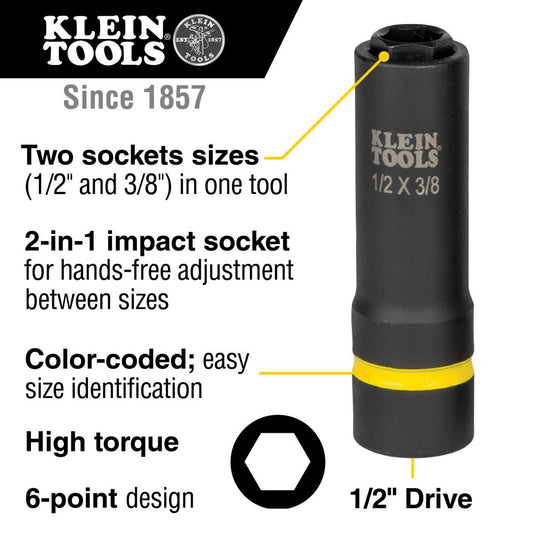 Klein Tools 66061 2-In-1 Impact Socket, 6-Point, 1/2 And 3/8-Inch