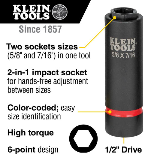 Klein Tools 66062 2-In-1 Impact Socket, 6-Point, 5/8 And 7/16-Inch