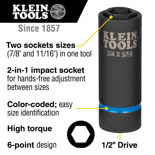 Klein Tools 66064 2-In-1 Impact Socket, 6-Point, 7/8 And 11/16-Inch