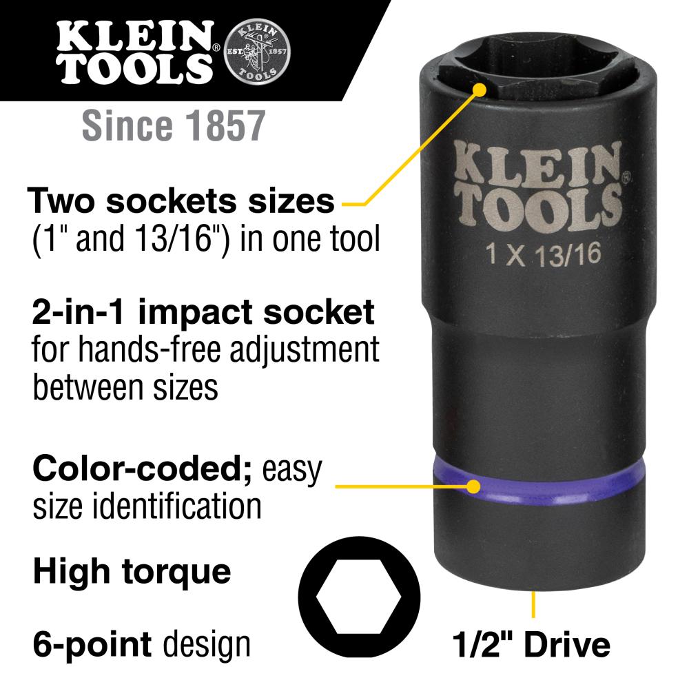 Klein Tools 66065 2-In-1 Impact Socket, 6-Point, 1 And 13/16-Inch