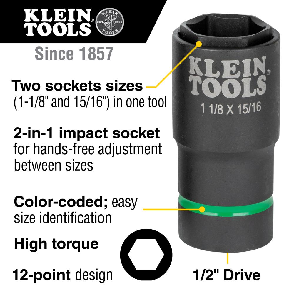 Klein Tools 66066 2-In-1 Impact Socket, 6-Point, 1-1/8 And 15/16-Inch