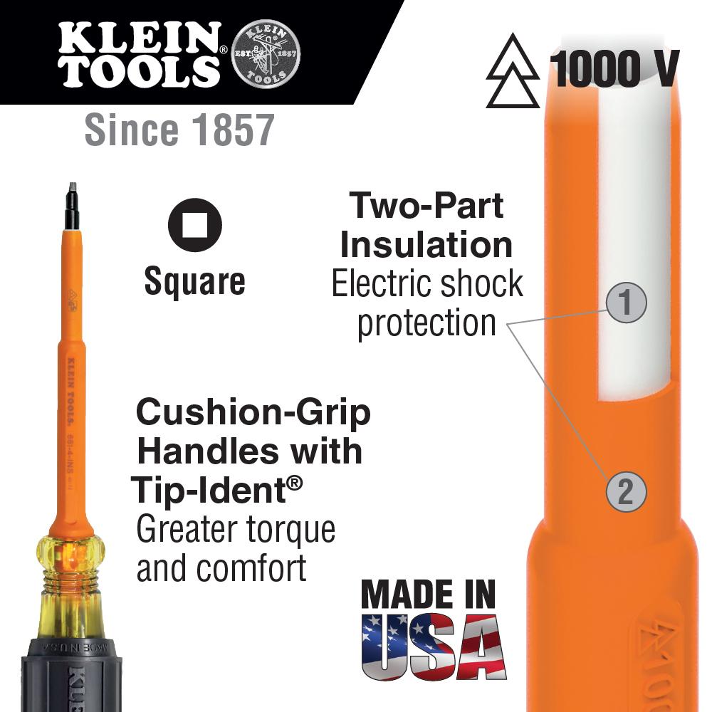 Klein Tools 661-4-INS Insulated Screwdriver, #1 Square Tip, 4-Inch Shank