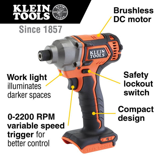 Klein Tools BAT20CD Battery-Operated Compact Impact Driver, 1/4-Inch Hex Drive, Tool Only