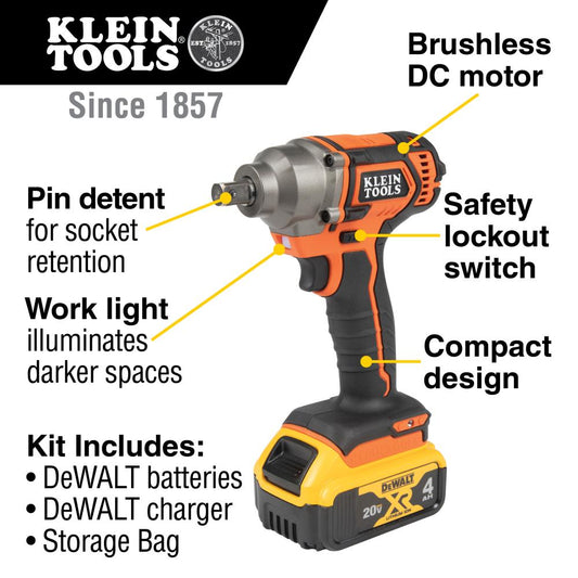 Klein Tools BAT20CW1 Battery-Operated Compact Impact Wrench, 1/2-Inch Detent Pin, Full Kit