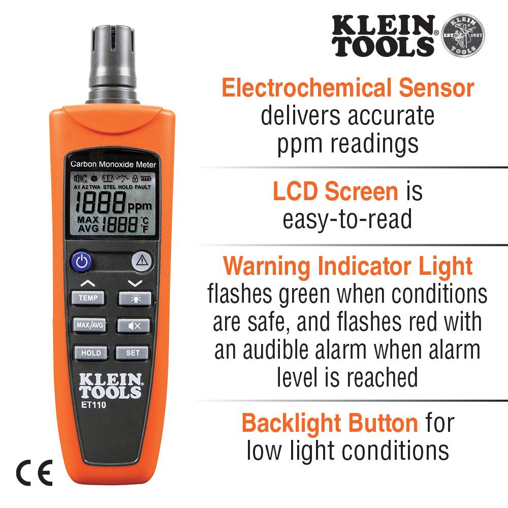 Klein Tools ET110 Carbon Monoxide Detector With Carry Pouch And Batteries