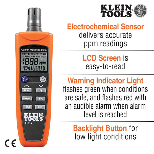 Klein Tools ET110 Carbon Monoxide Detector With Carry Pouch And Batteries