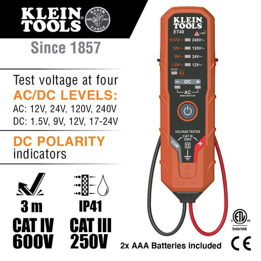 Klein Tools ET40 Digital Ac/Dc Voltage Tester 12 To 240V Ac, 1.5 To 24V Dc