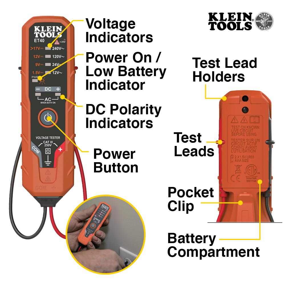 Klein Tools ET40 Digital Ac/Dc Voltage Tester 12 To 240V Ac, 1.5 To 24V Dc