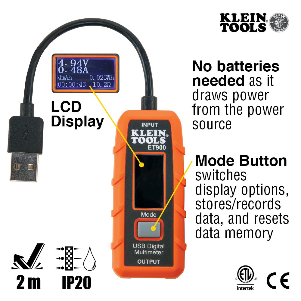 Klein Tools ET900 Usb Digital Meter, Usb-A (Type A)