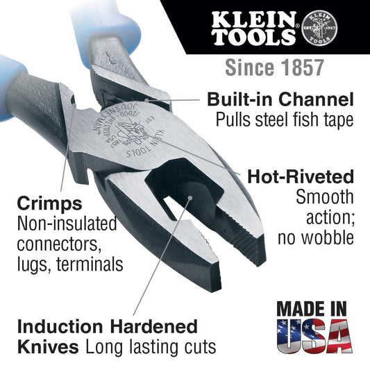 Klein Tools J2000-9NECRTP Lineman'S Pliers, Fish Tape Pull/Crimping, 9-Inch