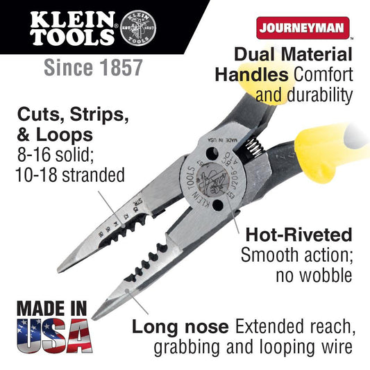 Klein Tools J206-8C Pliers, All-Purpose Needle Nose, Spring Loaded, Cuts, Strips, 8.5-Inch