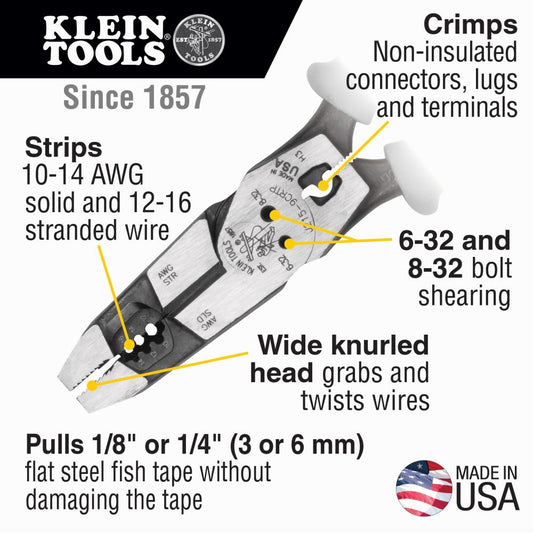 Klein Tools J2159CRTP Hybrid Pliers With Crimper, Fish Tape Puller And Wire Stripper