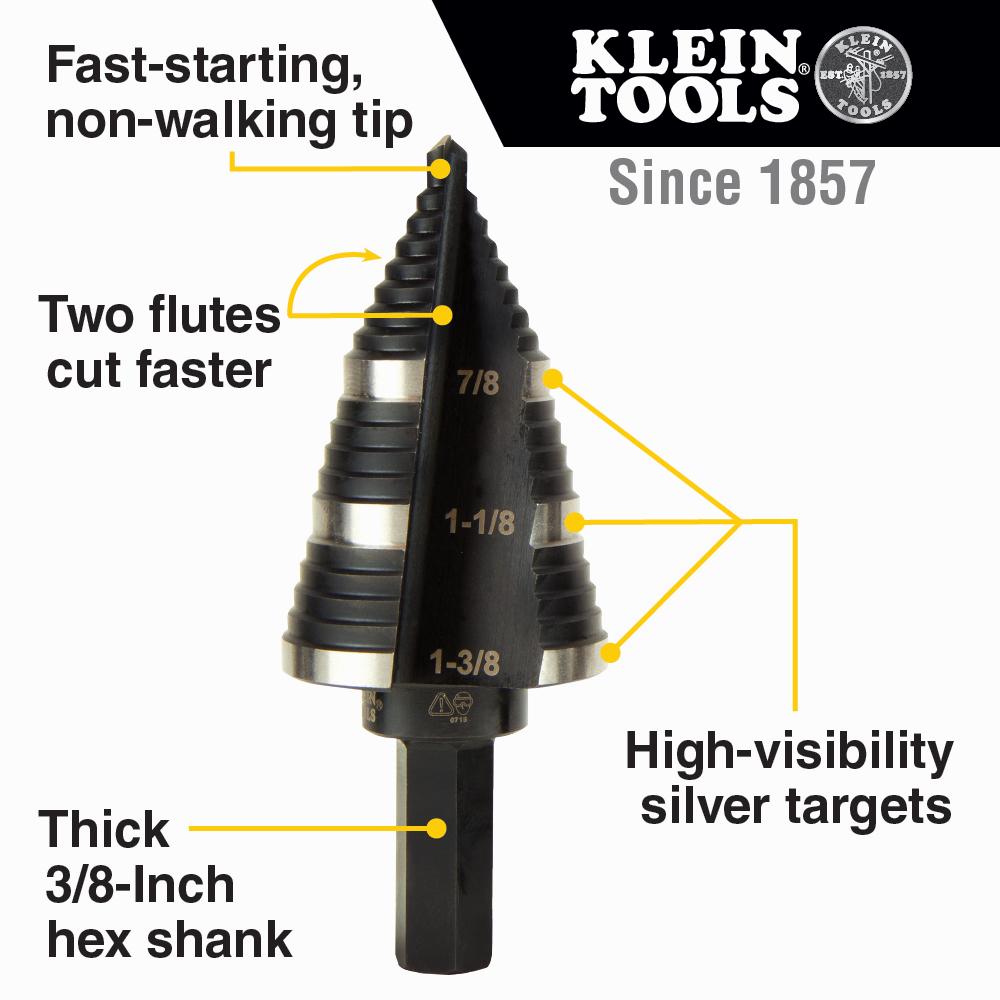 Klein Tools KTSB03 Step Drill Bit Double Fluted #3, 1/4 To 3/4-Inch