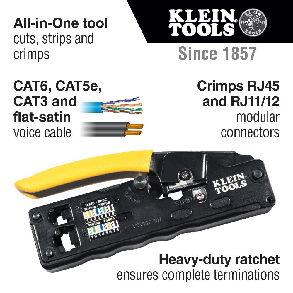 Klein Tools VDV226-107 Ratcheting Data Cable Crimper / Stripper / Cutter, Compact