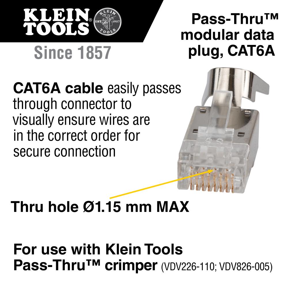 Klein Tools VDV826-754 Pass-Thru Modular Data Plug, RJ45-CAT6A, Shielded (STP), 100-Pack