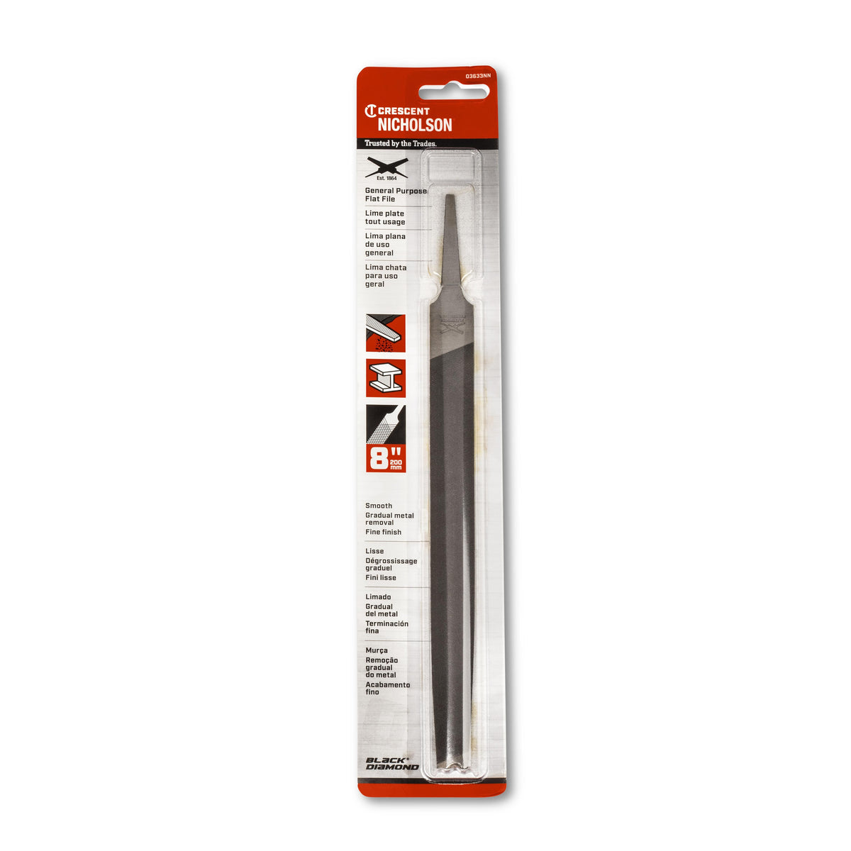 Nicholson 03633NN 8" Flat Double Cut Smooth File - Carded