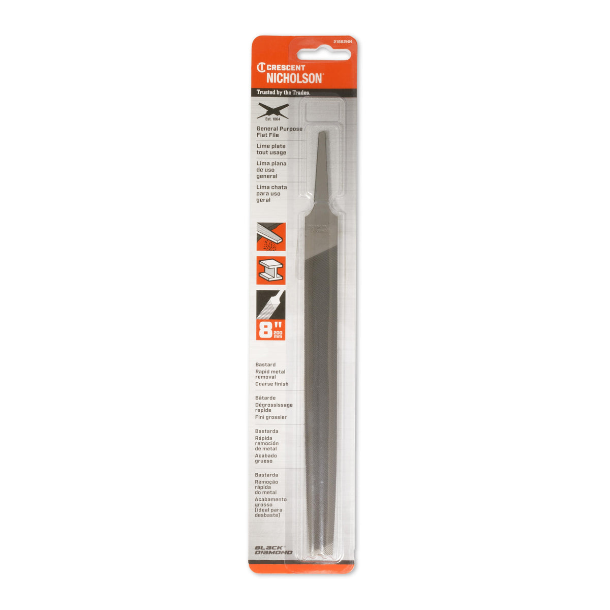 Nicholson 21862NN 8" Flat Double Cut Bastard File - Carded