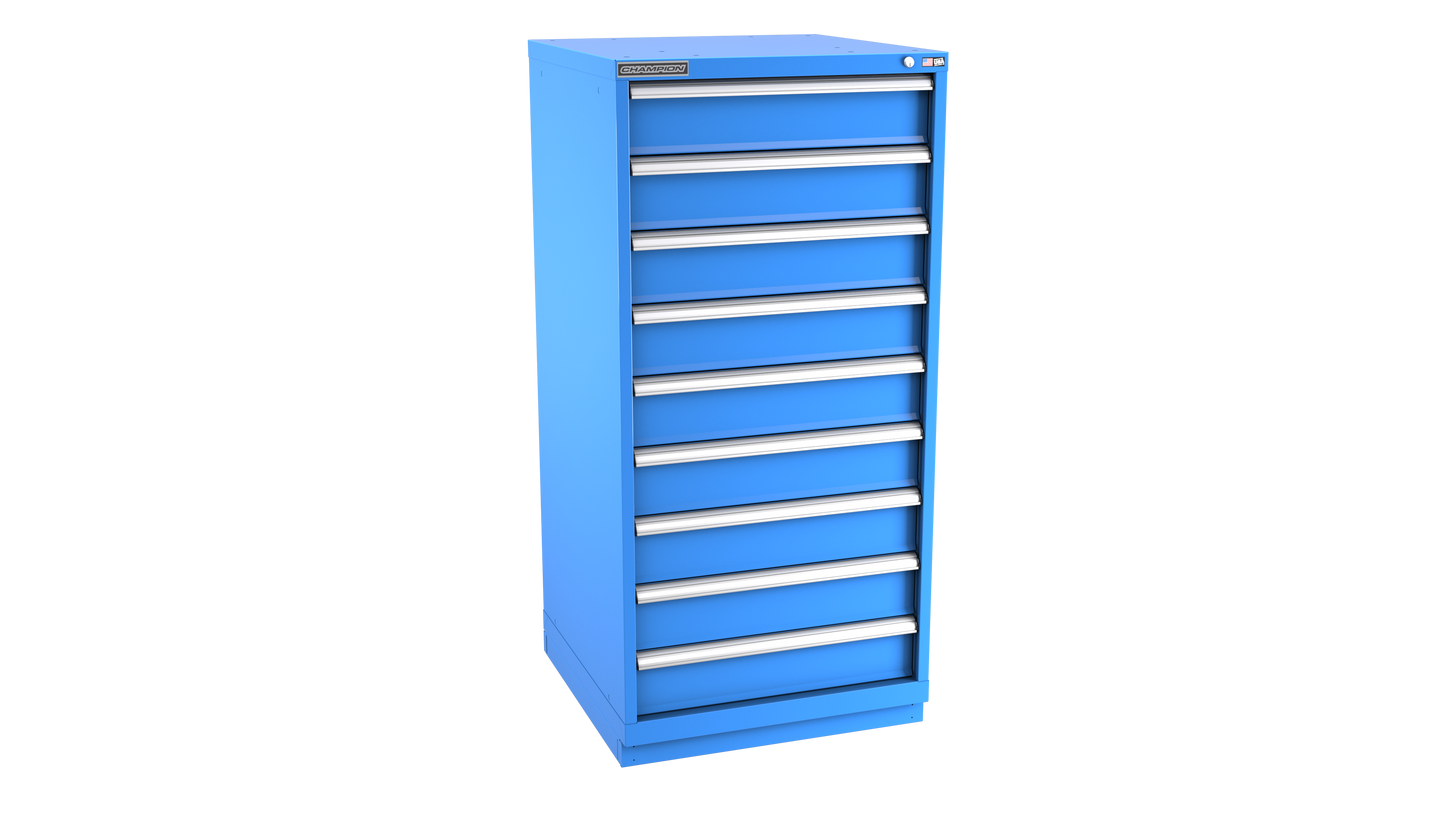 Champion Tool Storage SWS2700-0901-ILC-FTB-BB 9-Drawer Shallow Depth Modular Cabinet SWS0901 | 28-1/4"W x 59-1/2"H x 22-1/2"D, Bright Blue