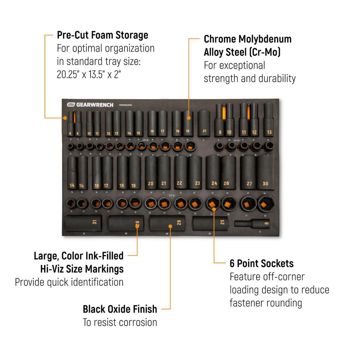 Gearwrench GWMSISKHMM 68 Piece 3/8” & 1/2” Drive 6 Point Metric Standard & Deep Hi-Viz Impact Socket Set in Foam Storage Tray