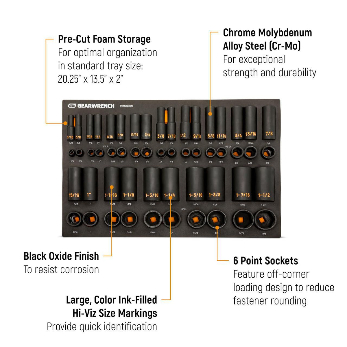 Gearwrench GWMSISKHSAE 54 Piece 3/8” & 1/2” Drive 6 Point SAE Standard & Deep Hi-Viz Impact Socket Set in Foam Storage Tray
