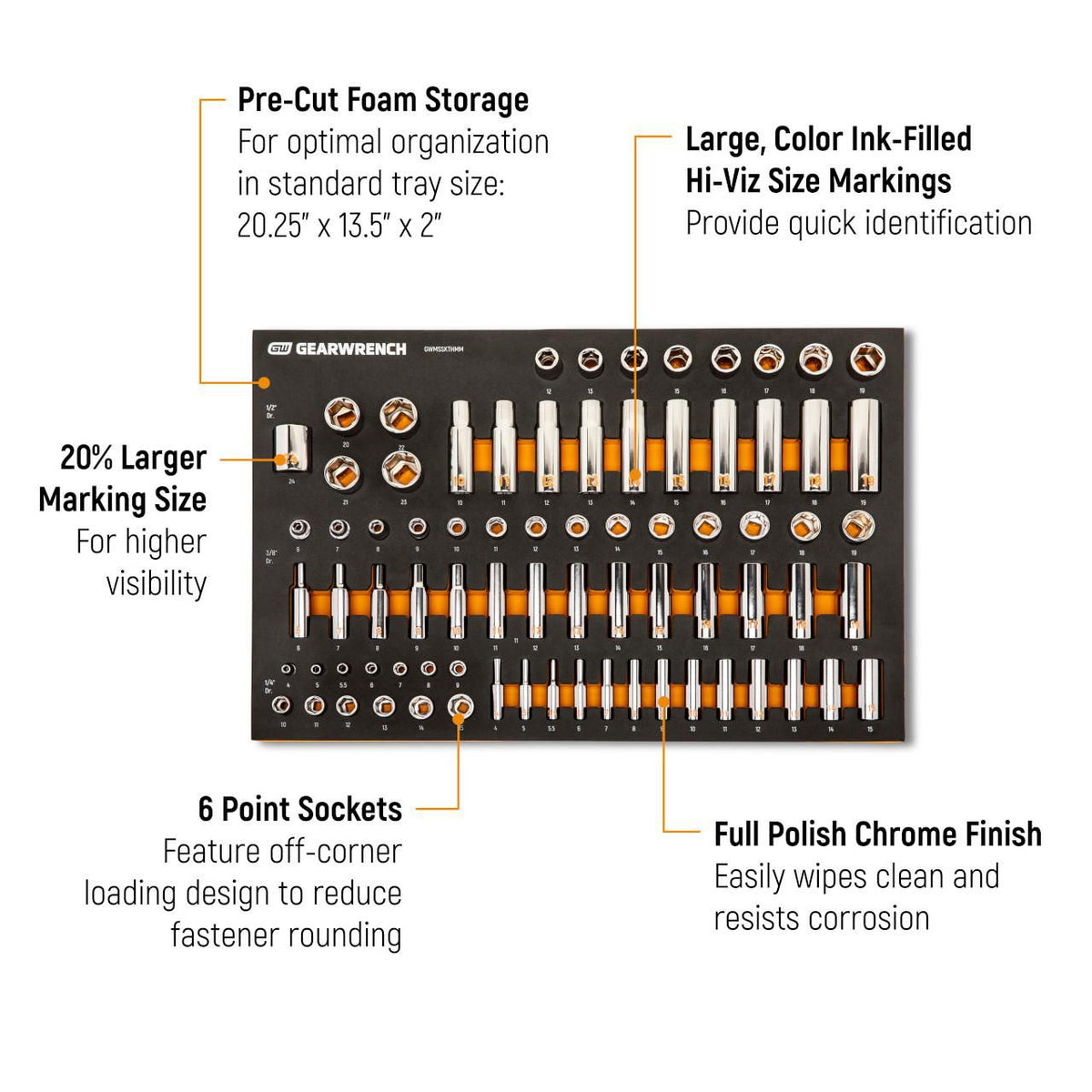 Gearwrench GWMSSKTHMM 77 Piece 1/4", 3/8" & 1/2" Drive Hi-Viz Metric Socket Set in Foam Tray