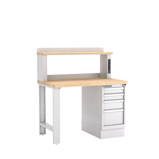 Champion Tool Storage WB202-B4830-LG 4-Drawer Standard Depth Cabinet Workbench, 12" Power Riser WB202 | 48"W x 35-1/4"H x 30"D, Light Gray