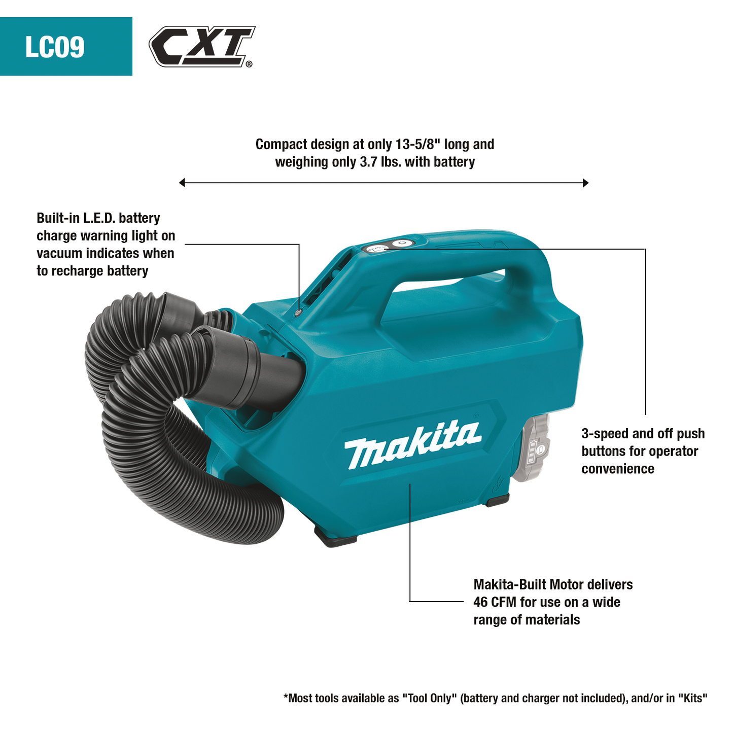 Makita LC09Z 12V max CXT® Lithium‑Ion Cordless Vacuum, Tool Only