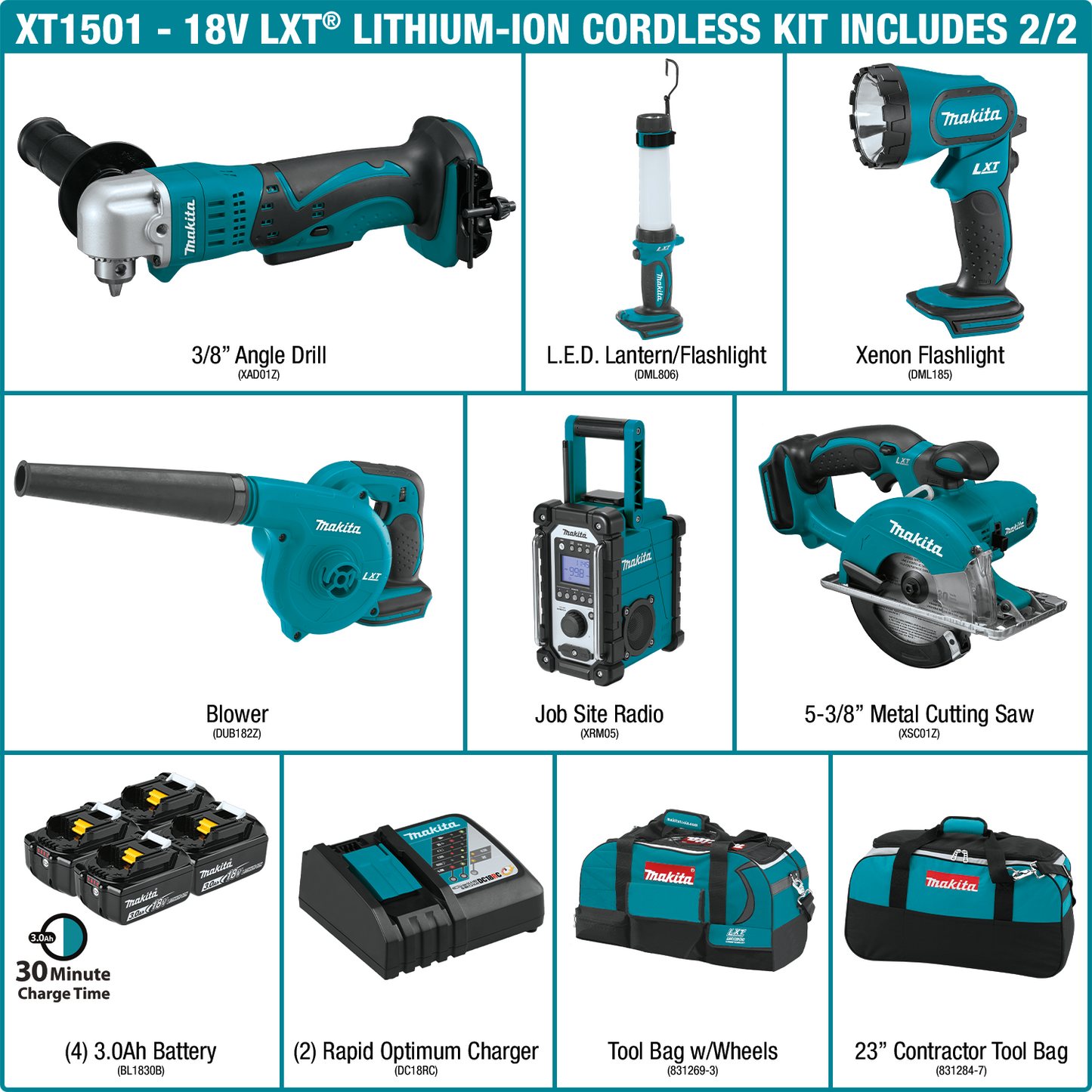 Makita XT1501 18V LXT® Lithium‑Ion Cordless 15‑Pc. Combo Kit (3.0Ah)